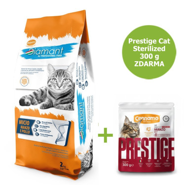 Granule pro kočky Diamant Cat Micio Hovězí a kuře 2 kg + Prestige Cat Sterilized Manzo Hovězí 300 g ZDARMA