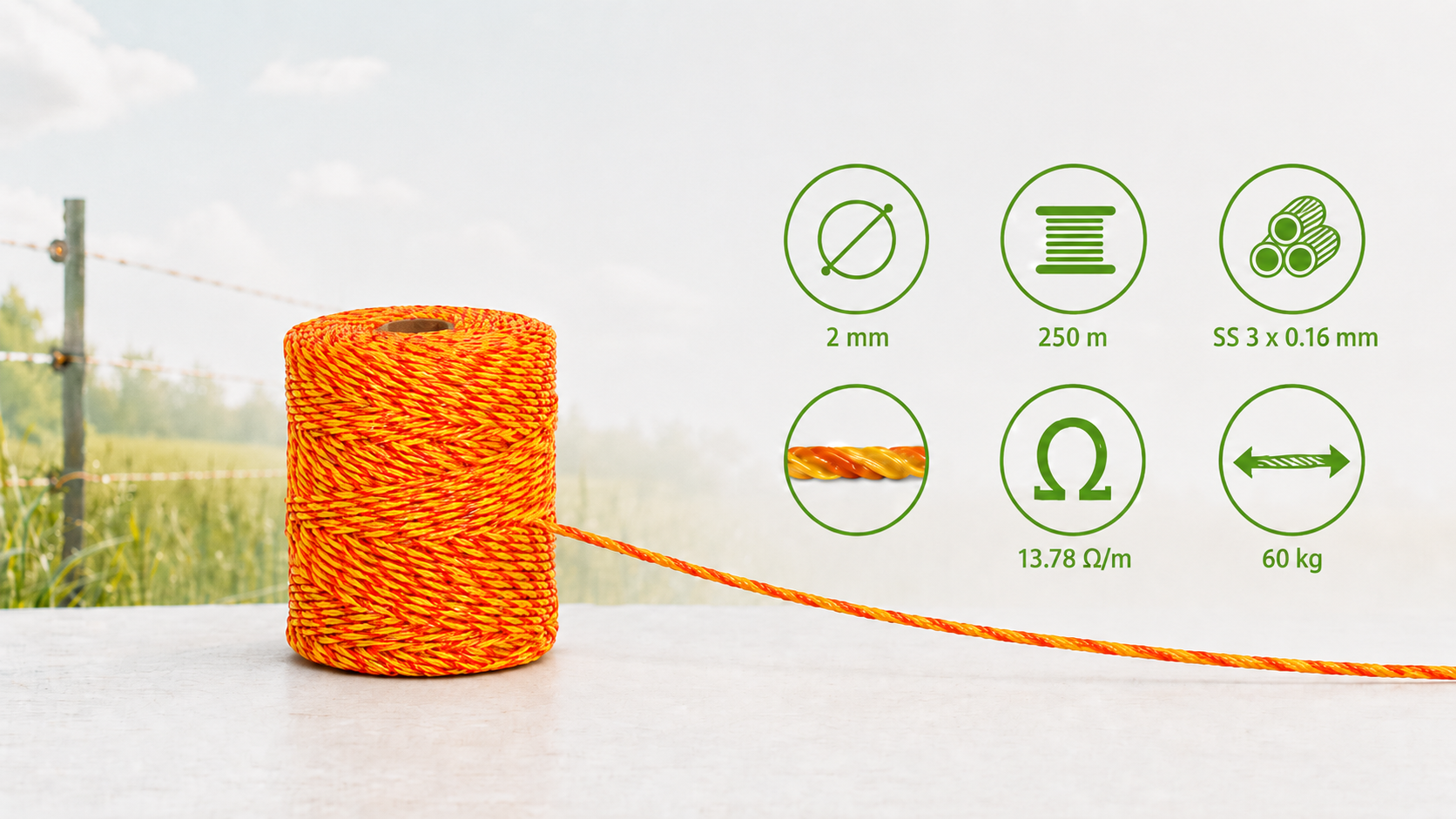 Lanko pro elektrický ohradník, 2mm/250 m, žluto-oranžové banner