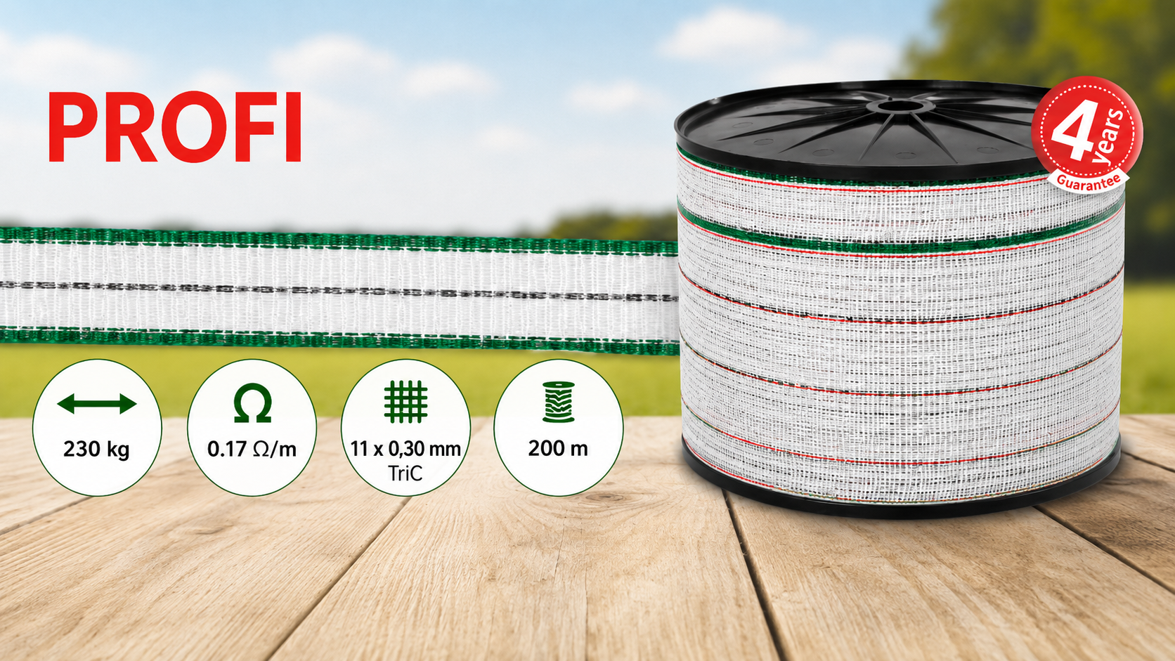 Ohradníková páska PROFI 40 mm, 200 m, 11 × 0,30 TriC, bílá/červená banner
